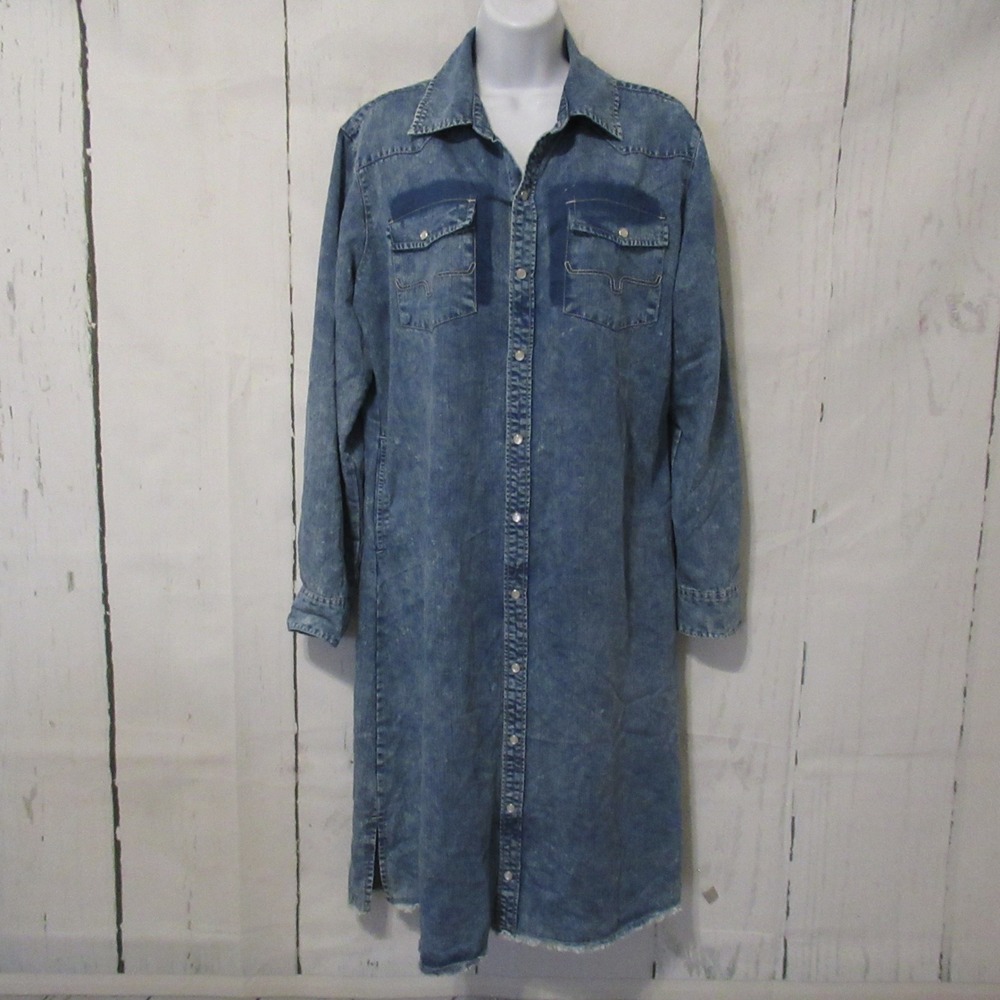 Kimes Ranch Shirt Dress XXL Pearl Snap Tencel Denim Western Cowgirl Blue Pockets